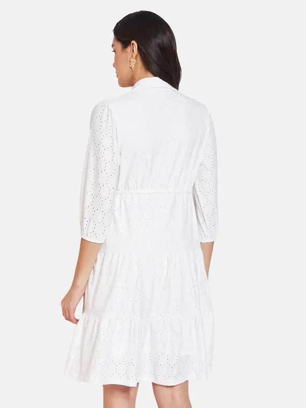 Mettle Self Design Shirt Collar Cotton Fit Flare Dress