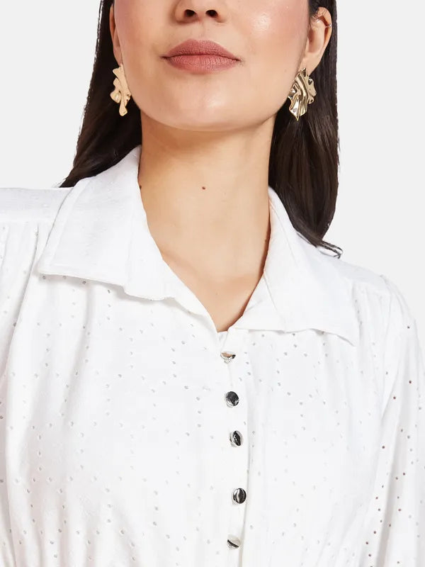 Mettle Self Design Shirt Collar Cotton Fit Flare Dress