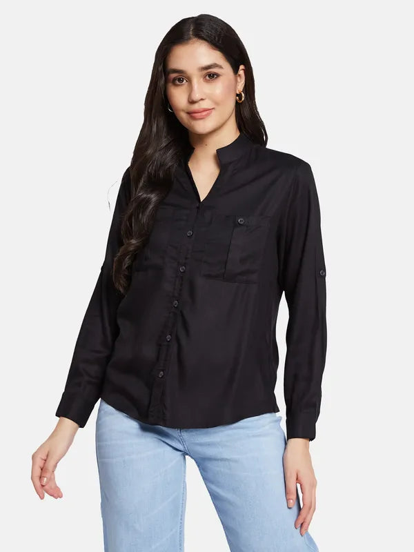 Mettle Women Solid Mandarin Collar Casual Shirt