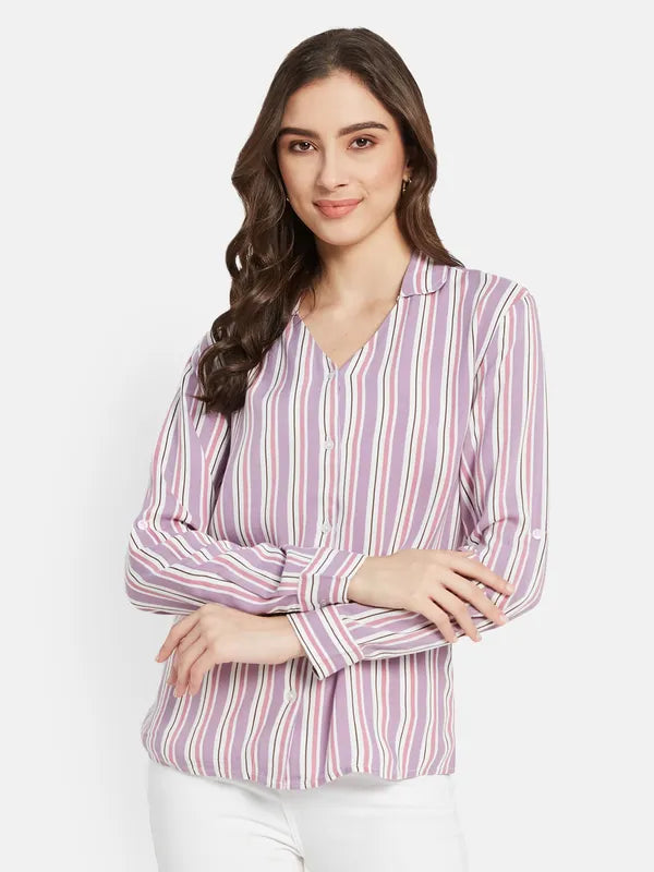Vertical Stripes  V Neck Shirt With Collar
