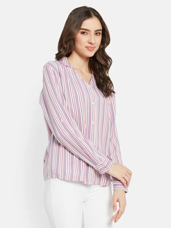 Vertical Stripes  V Neck Shirt With Collar