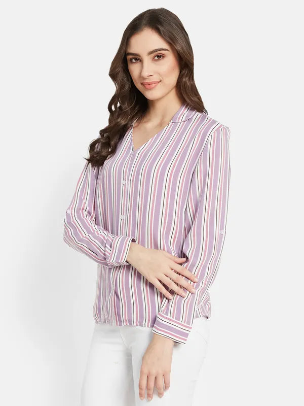 Vertical Stripes  V Neck Shirt With Collar