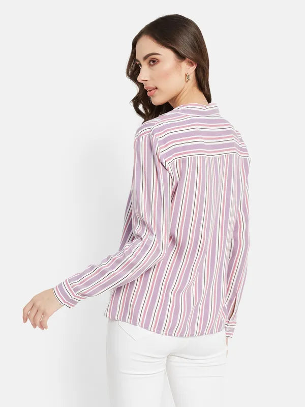 Vertical Stripes  V Neck Shirt With Collar