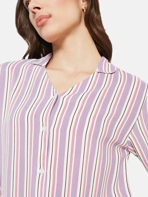 Vertical Stripes  V Neck Shirt With Collar