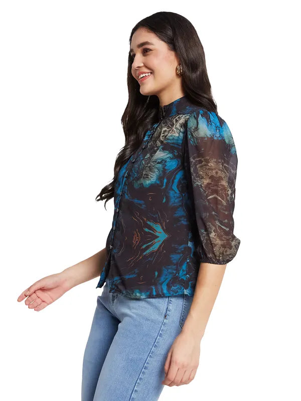 Mettle Print Mandarin Collar Cotton Shirt Style Top