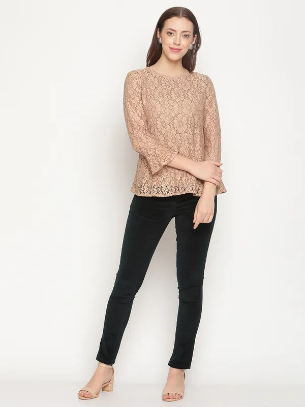 Mettle Women Brown Self Design Lace Top