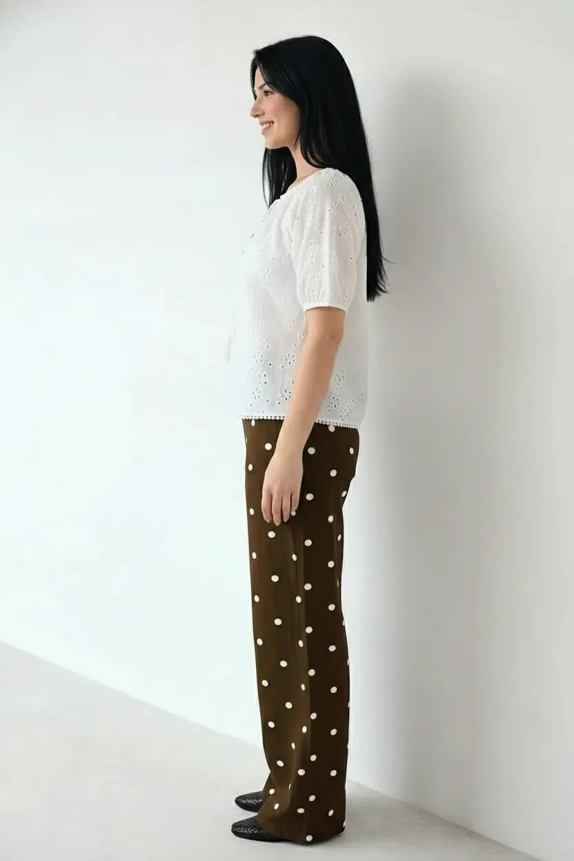 Embroidered Tie-Up Neck Puff Sleeve Cotton Blend Top