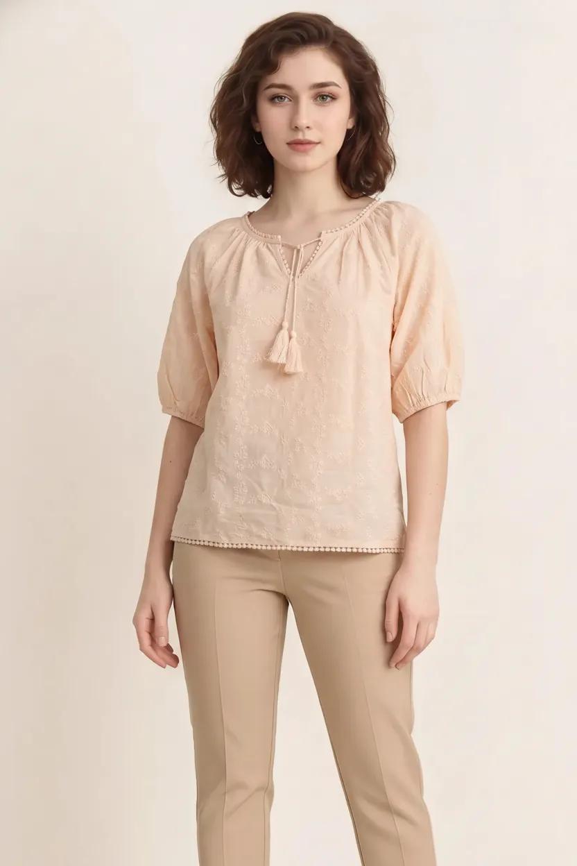 Women Embroidered Tie-Up Neck Puff Sleeve Cotton Top