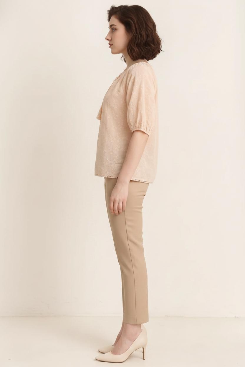Women Embroidered Tie-Up Neck Puff Sleeve Cotton Top