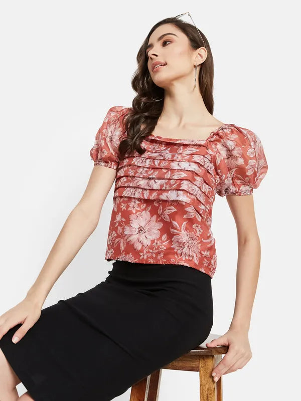 Floral Print Puff Sleeve  Top