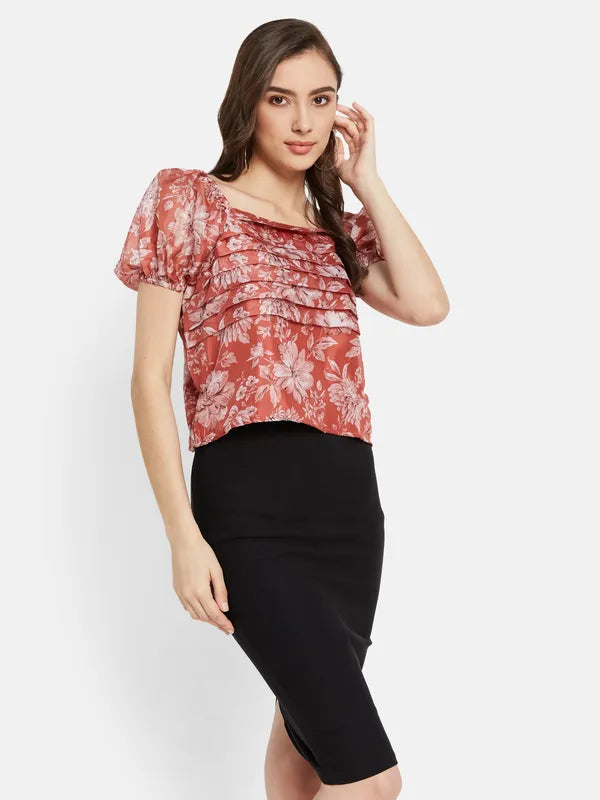 Floral Print Puff Sleeve  Top