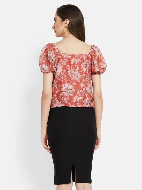Floral Print Puff Sleeve  Top