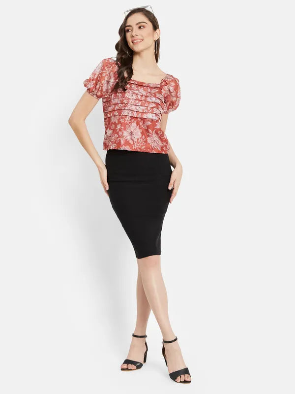 Floral Print Puff Sleeve  Top