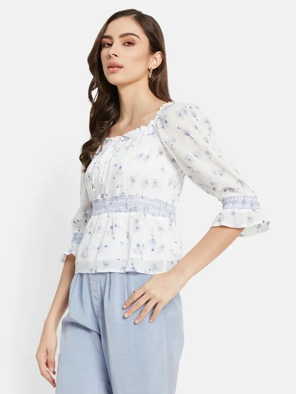 Smocking Floral Print Top
