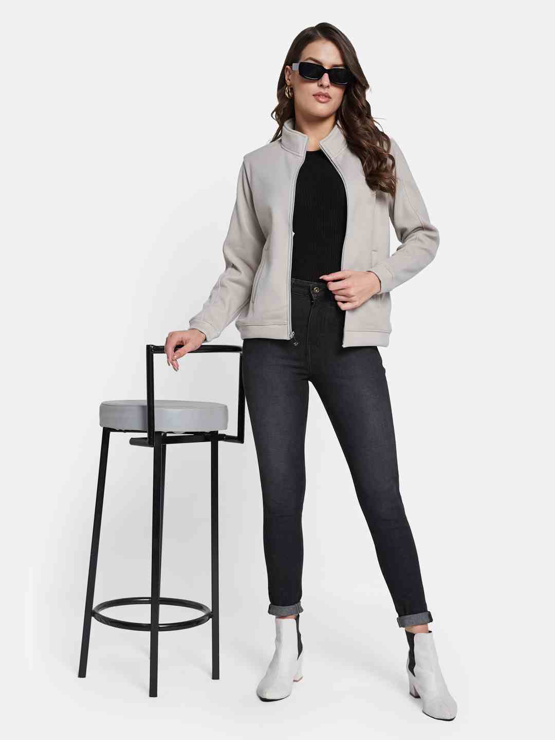 METTLE Women Mock Collar Front-Open Sweatshirt