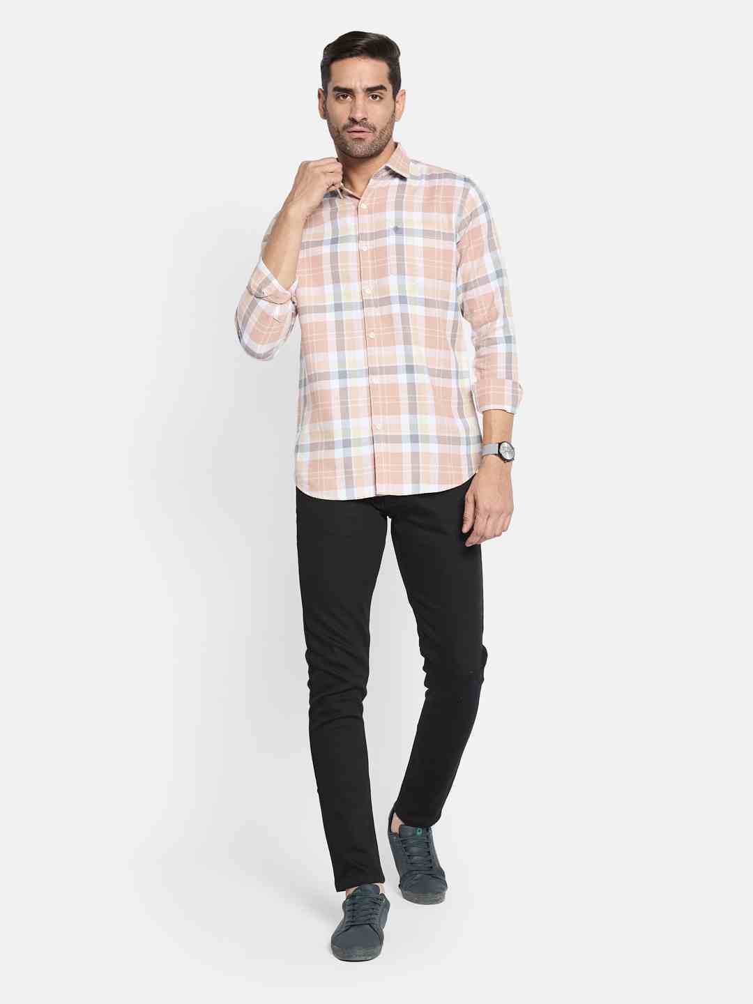 METTLE Men Spread Collar Tartan Checked Cotton Casual Shirt