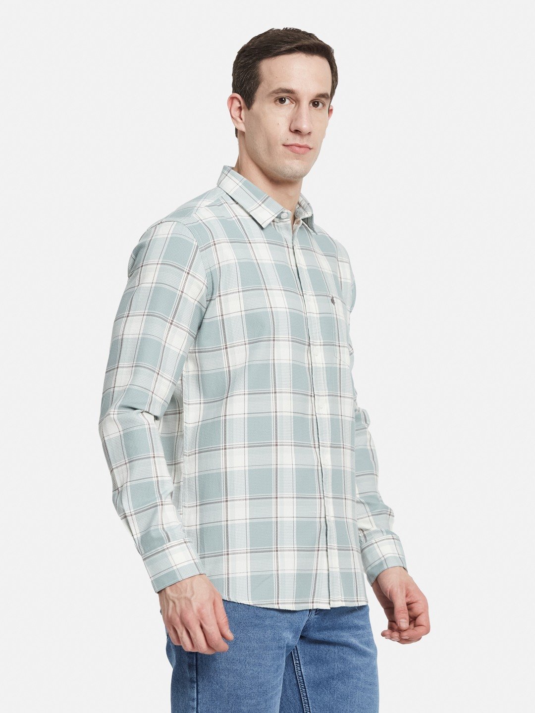 METTLE Men Spread Collar Tartan Checked Cotton Casual Shirt