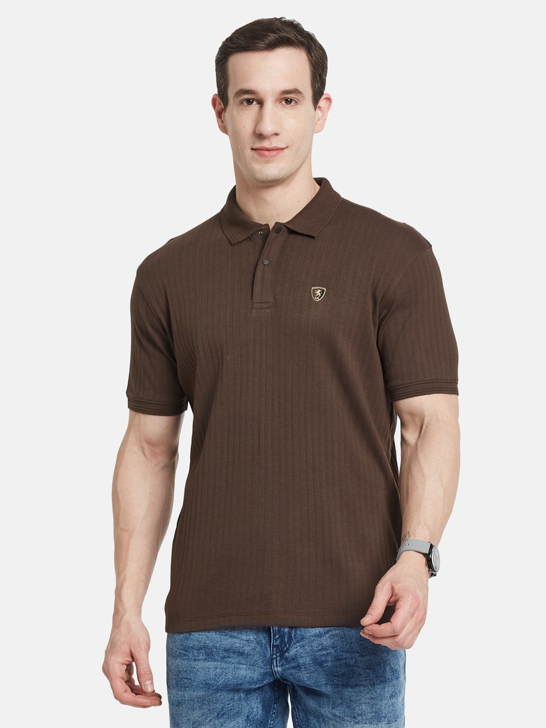 VERTICAL STRIPE POLO NECK RIB STRUCTURE T-SHIRT