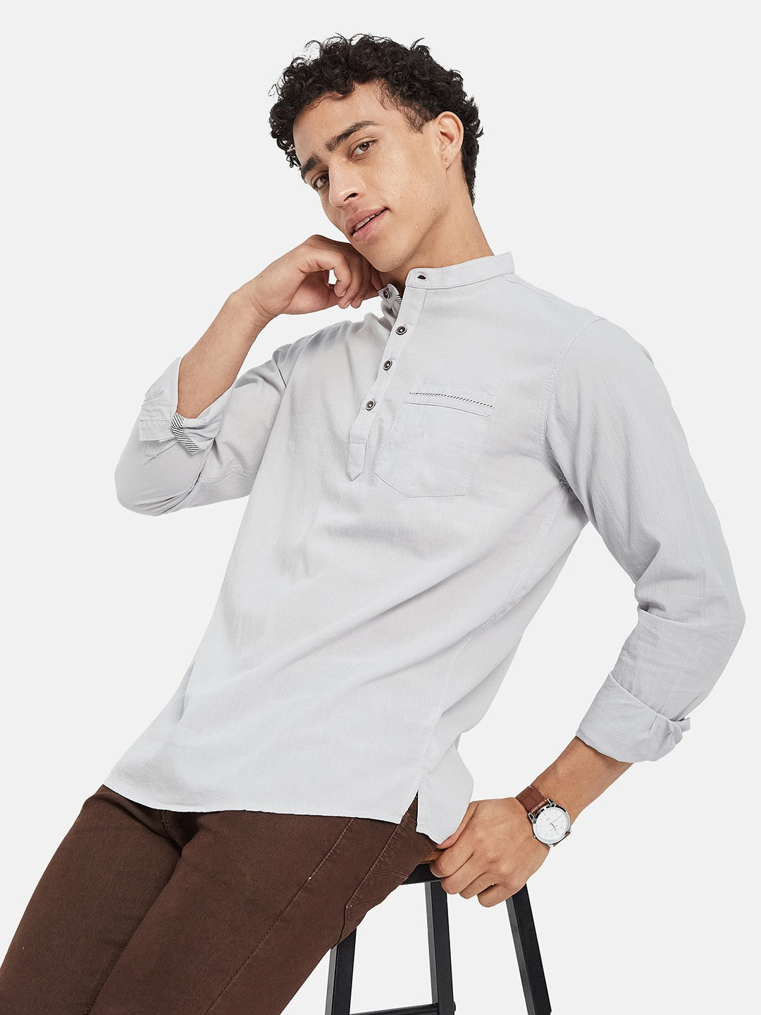METTLE Long Sleeves Mandarin Collar Cotton Opaque Regular Fit Casual Shirt