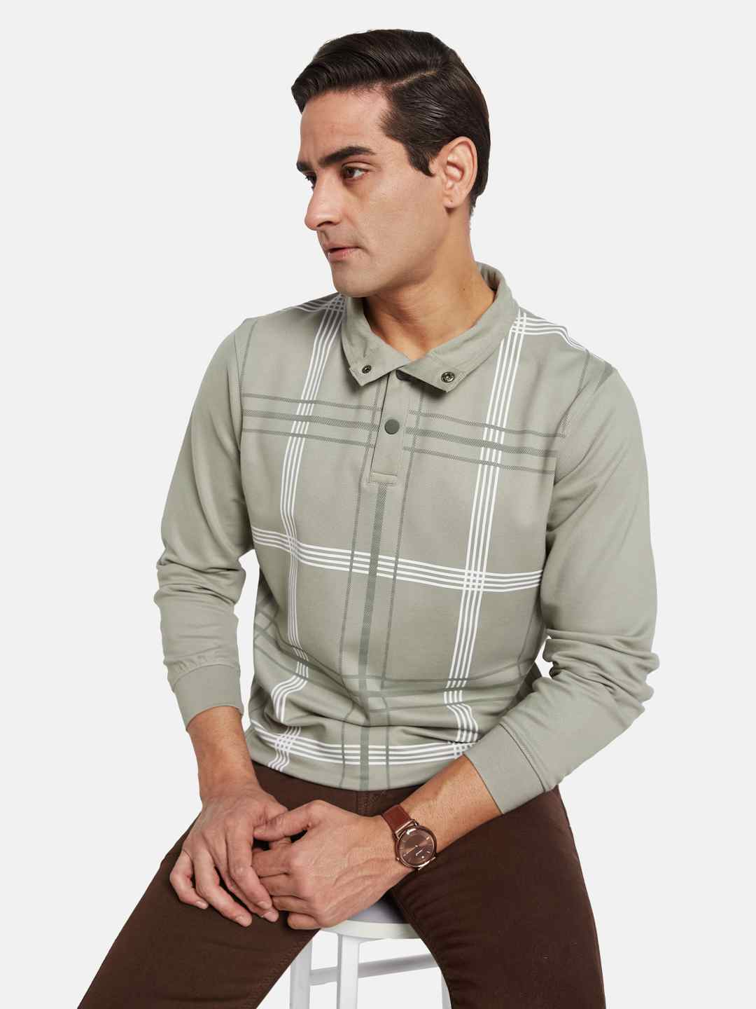 Octave Men Checked Shirt Collar Sweatshirt