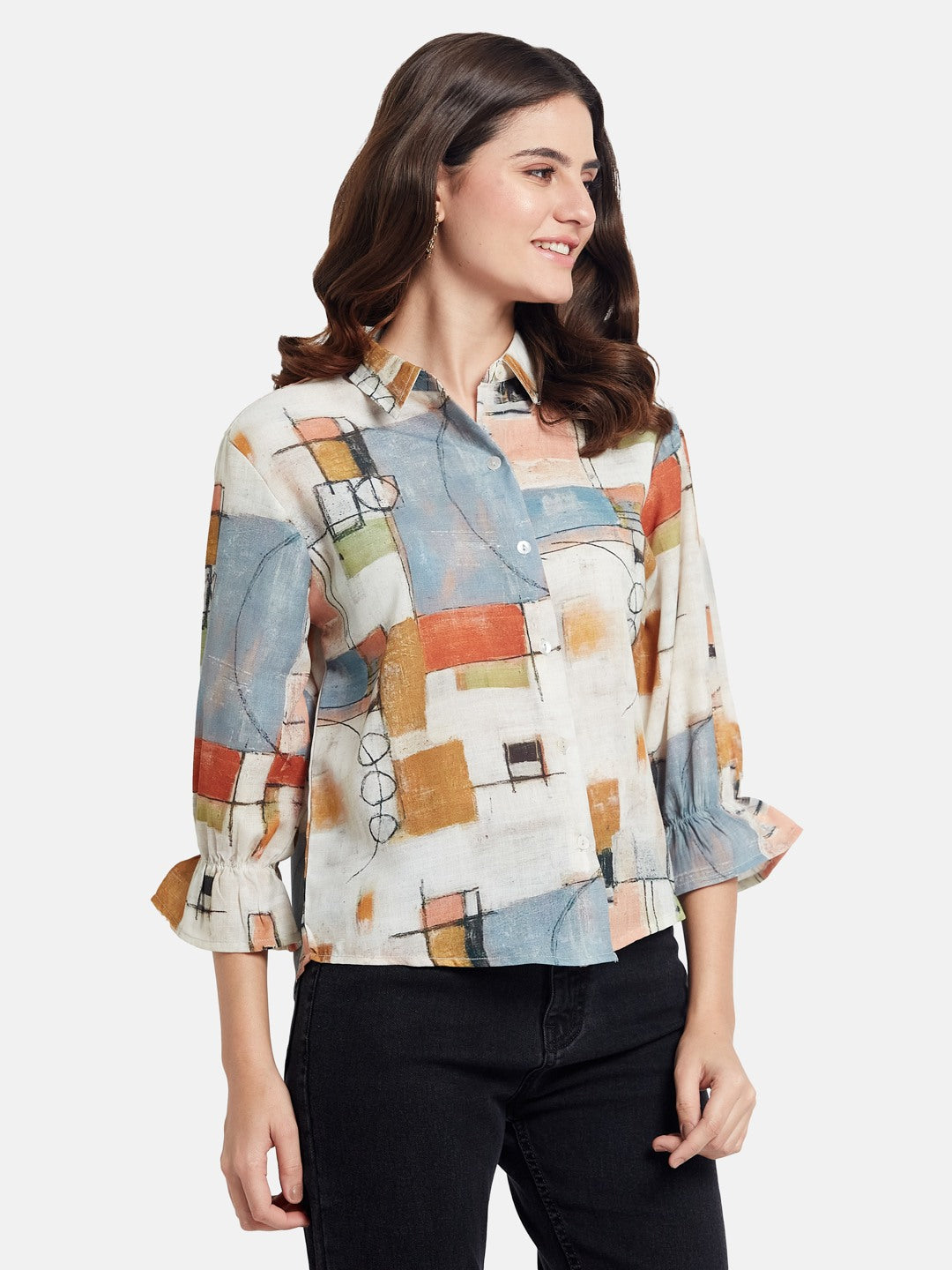 METTLE Women Abstract Printed Spread Collar Cotton Casual Shirt