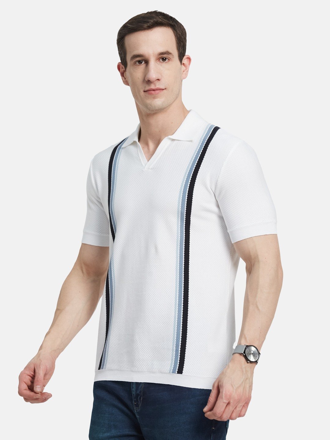 METTLE Men Striped Polo Collar Cotton T-shirt