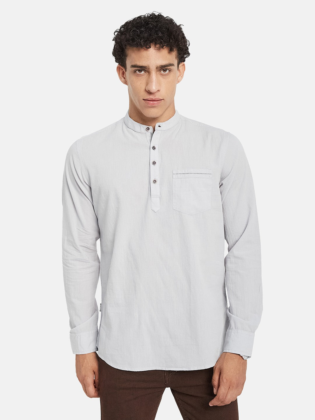 METTLE Long Sleeves Mandarin Collar Cotton Opaque Regular Fit Casual Shirt