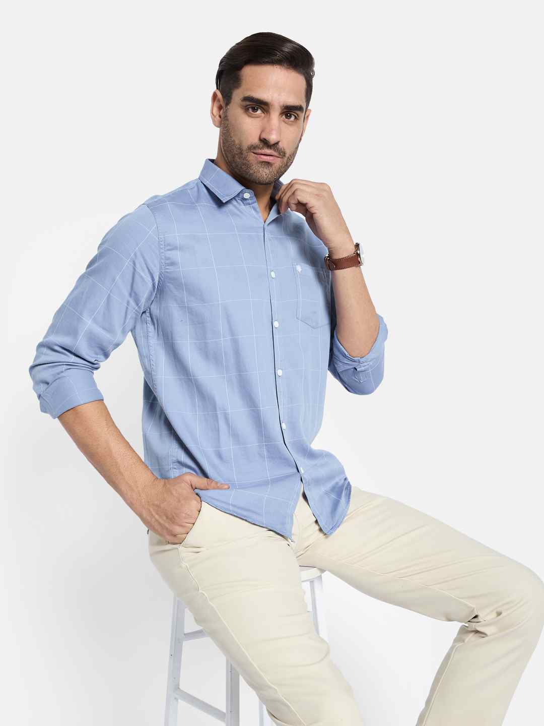 METTLE Men Spread Collar Checked Cotton Casual Shirt