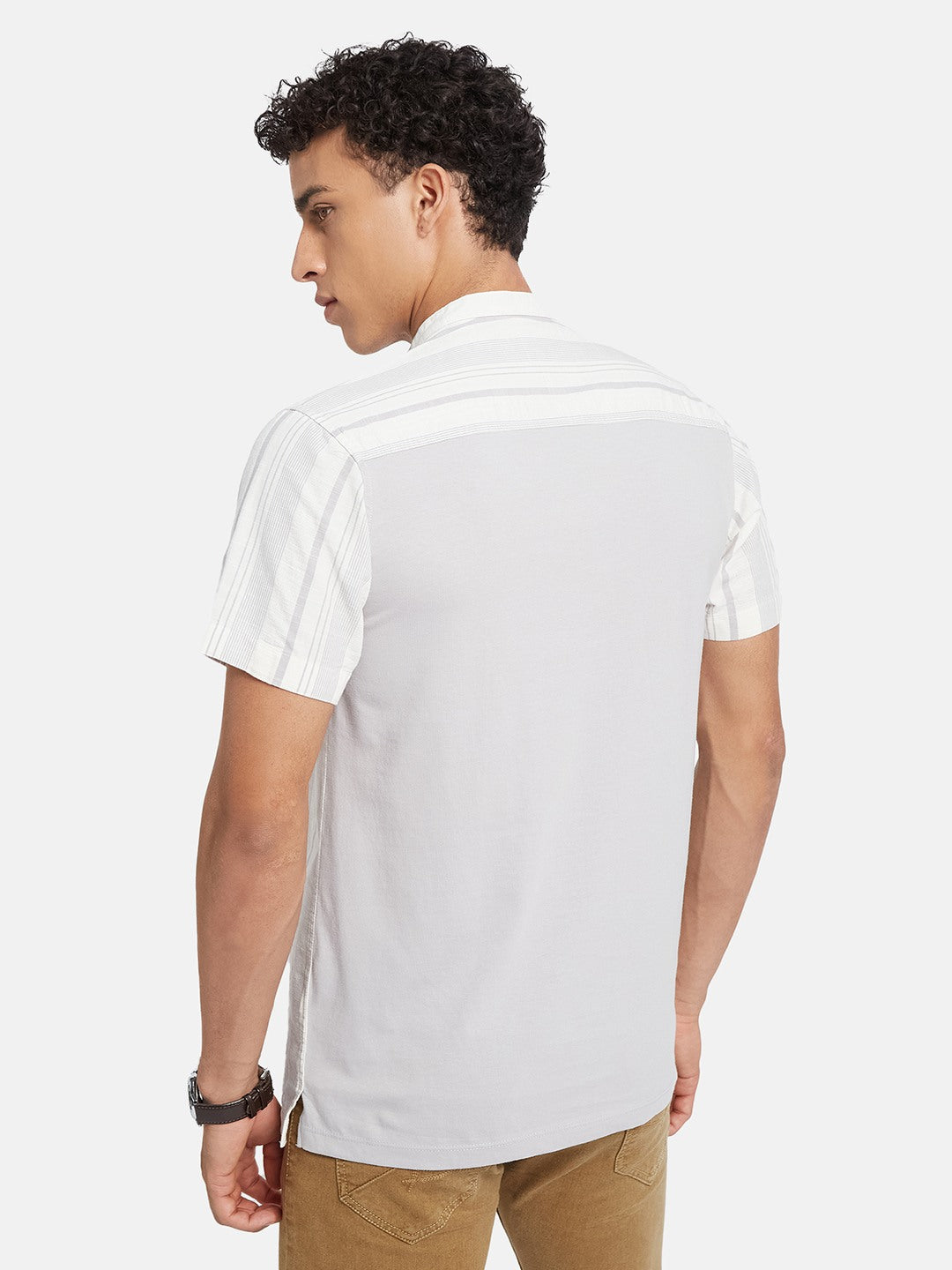 METTLE Striped Mandarin Collar Cotton Casual Shirt