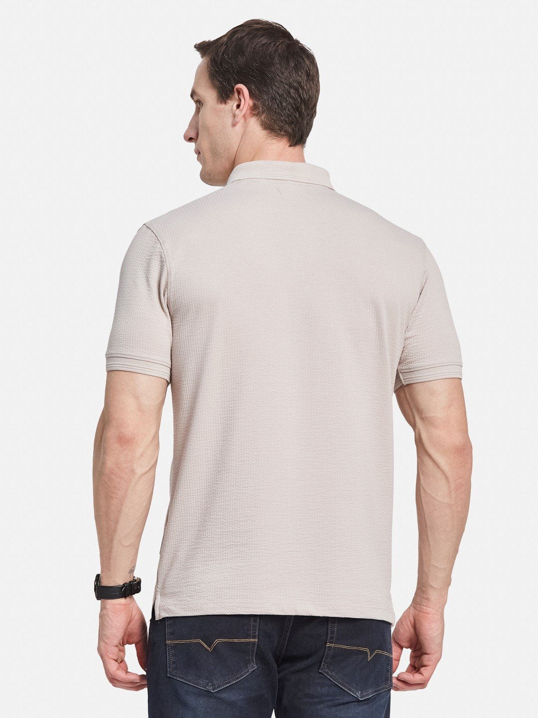 SOLID POLO NECK FRONT OPEN POCKET SEER SUCKER T-SHIRT