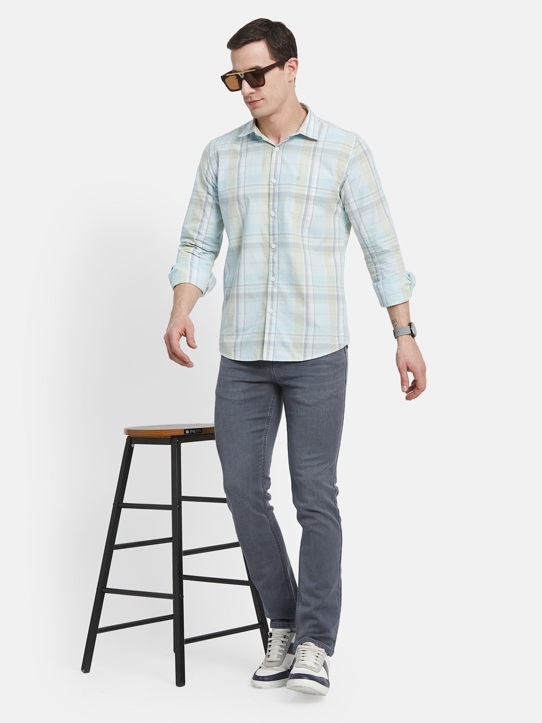 METTLE Men Spread Collar Tartan Checked Cotton Casual Shirt