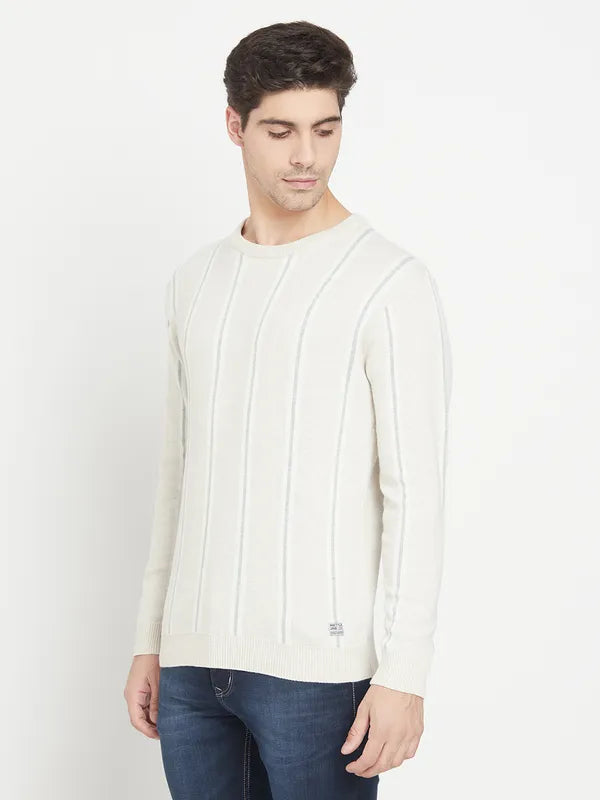 Cream-Coloured Striped Cotton Full Sleeve Pullover Sweater