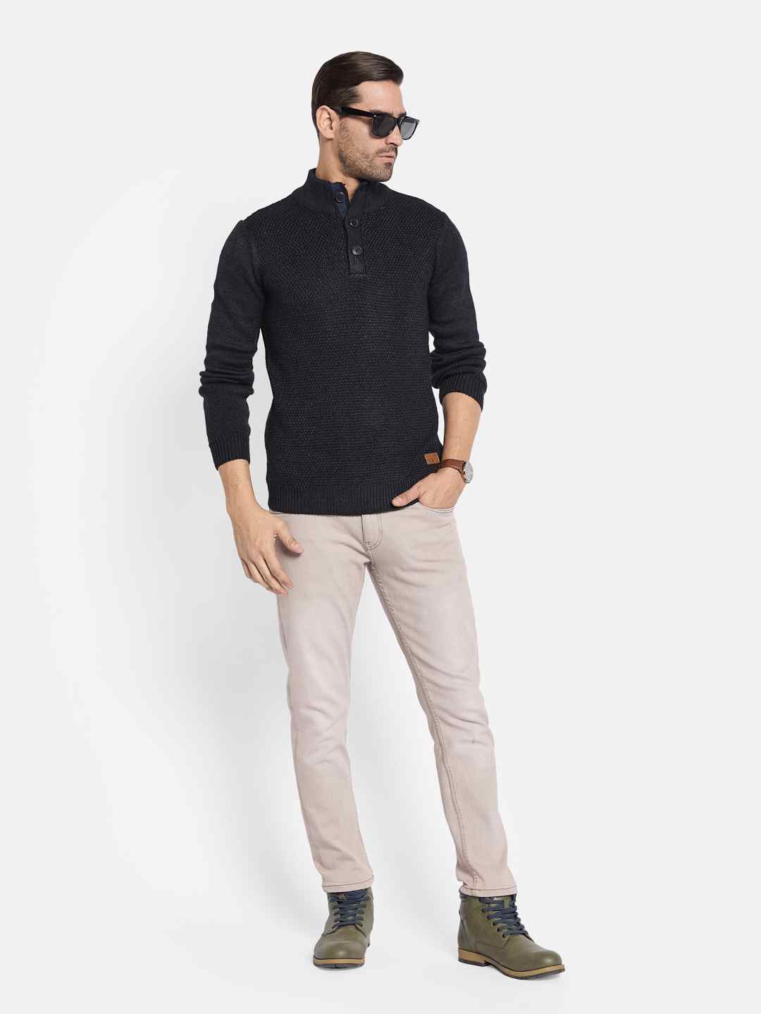 METTLE Men Self Design Mock Collar Sweater