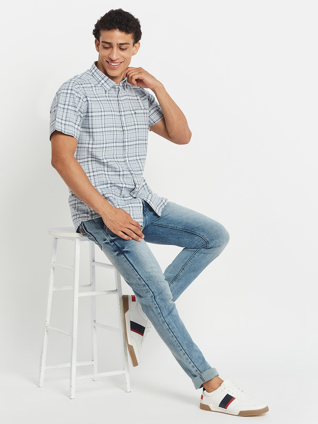 METTLE SS25 Checked Cotton Spread Collar Casual Shirt