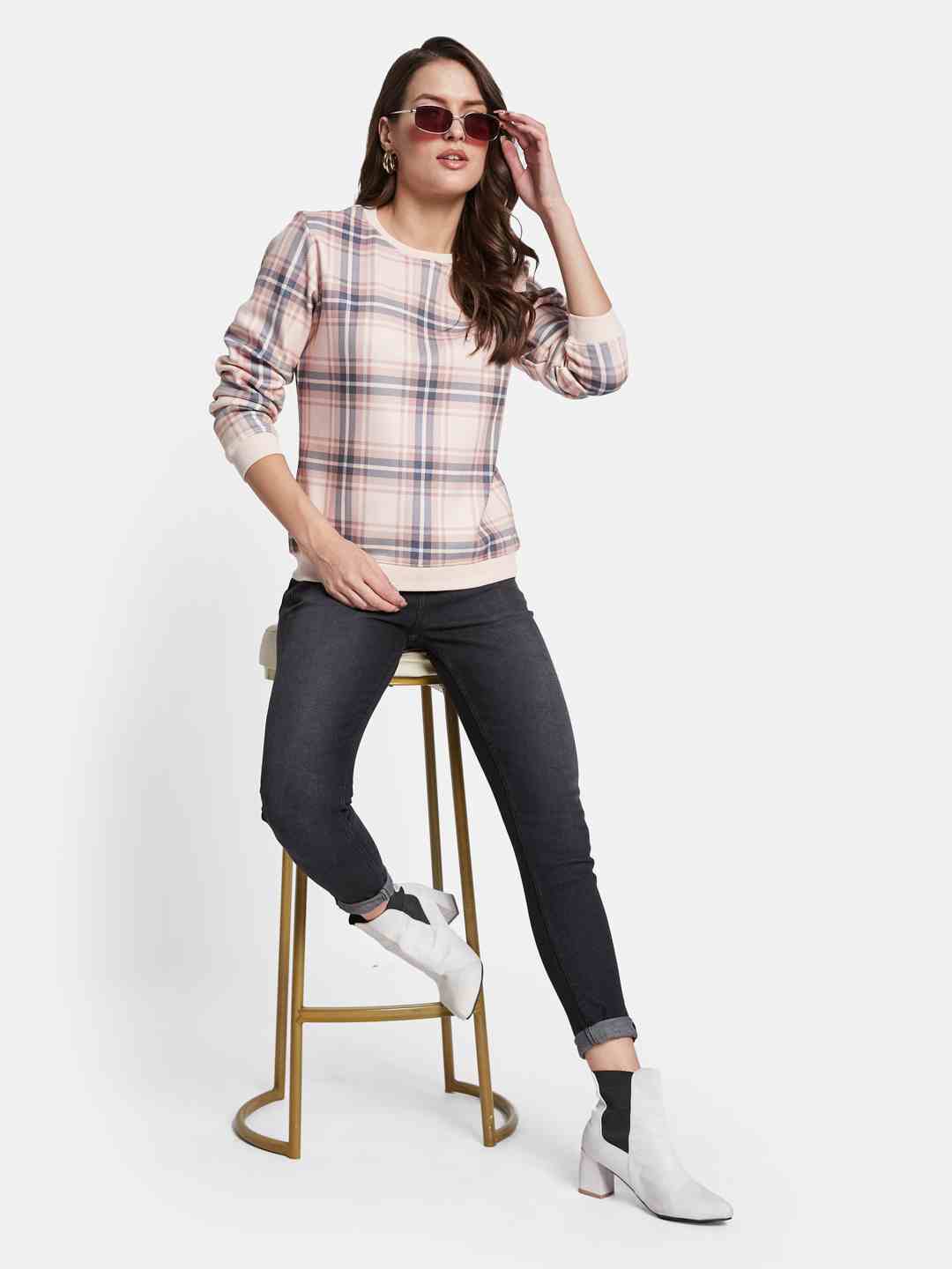 METTLE Women Checked Round Neck Long Sleeves Sweatshirt