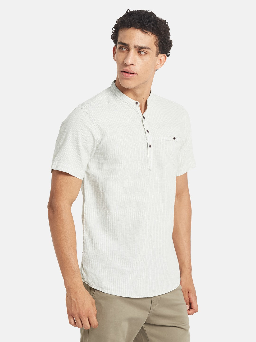 METTLE SS25 Vertical Striped Mandarin Collar Cotton Casual Shirt