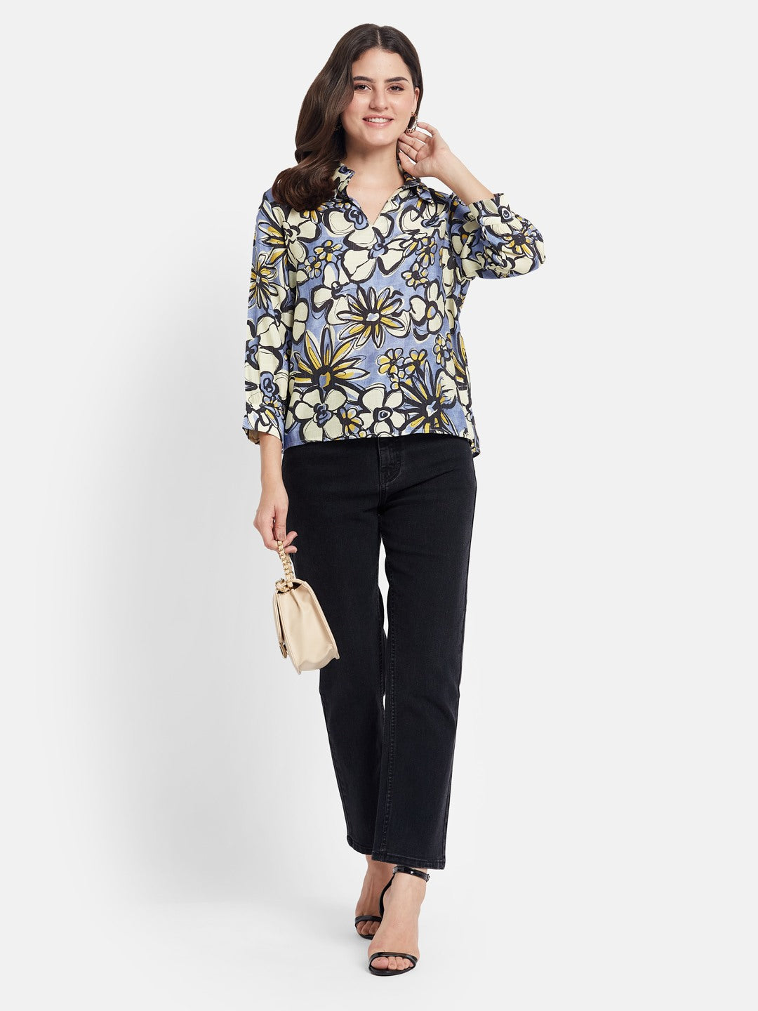METTLE Women Floral Printed Shirt Collar Cuffed Sleeves Cotton Top