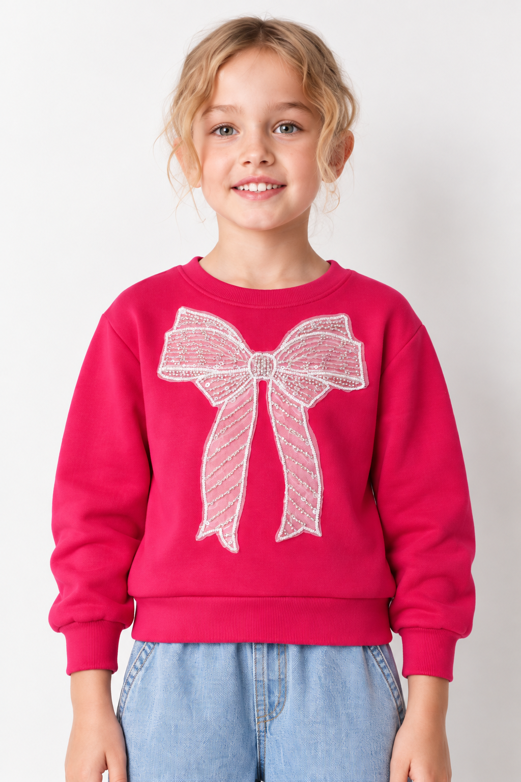 Junior Girls Hot Pink German Velvet Regular Fit Bow Embellished Sweatshirt