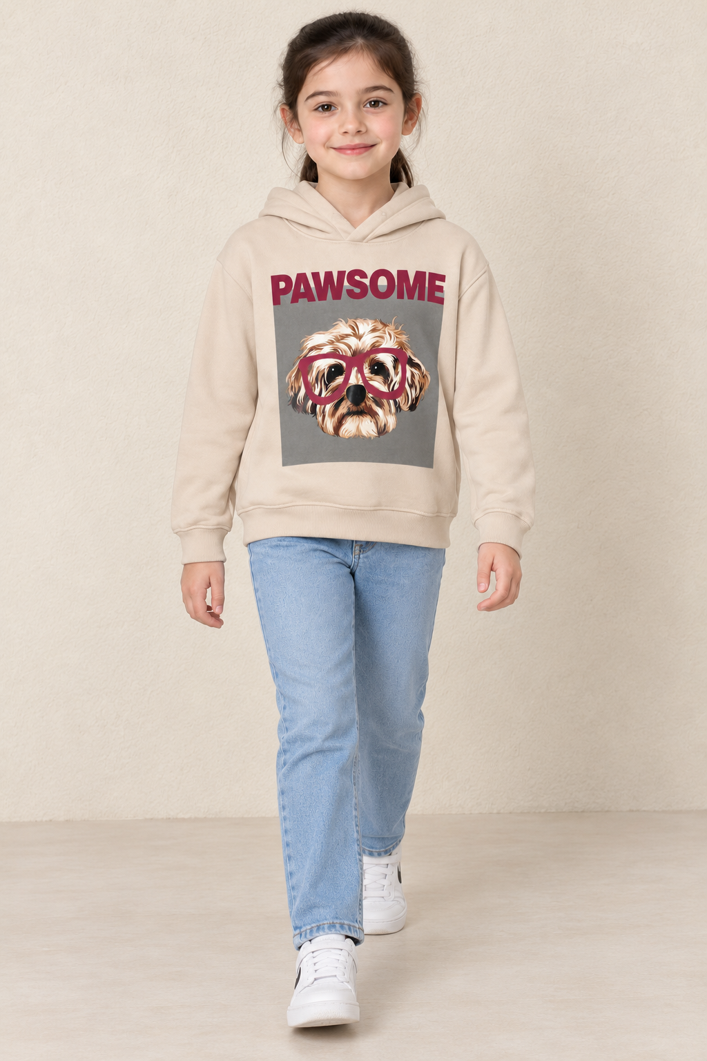 Girls Arona PAWSOME Dog Print Hoodie | Knitted Brushed Cotton Fleece Sweatshirt