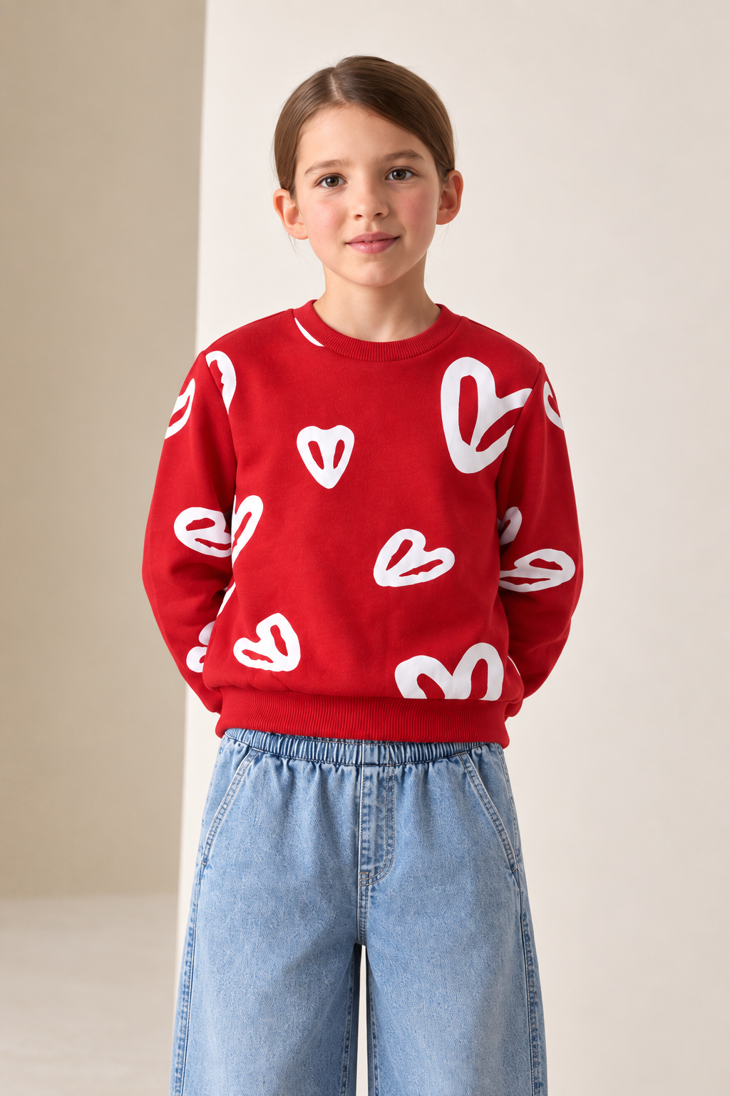 Junior Girls Brick Heart Print Brushed Cotton Fleece Sweatshirt – Regular Fit
