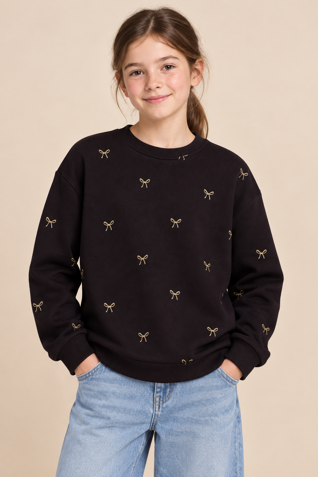 Junior Girls Wine Bow Print Brushed Cotton Fleece Sweatshirt – Regular Fit