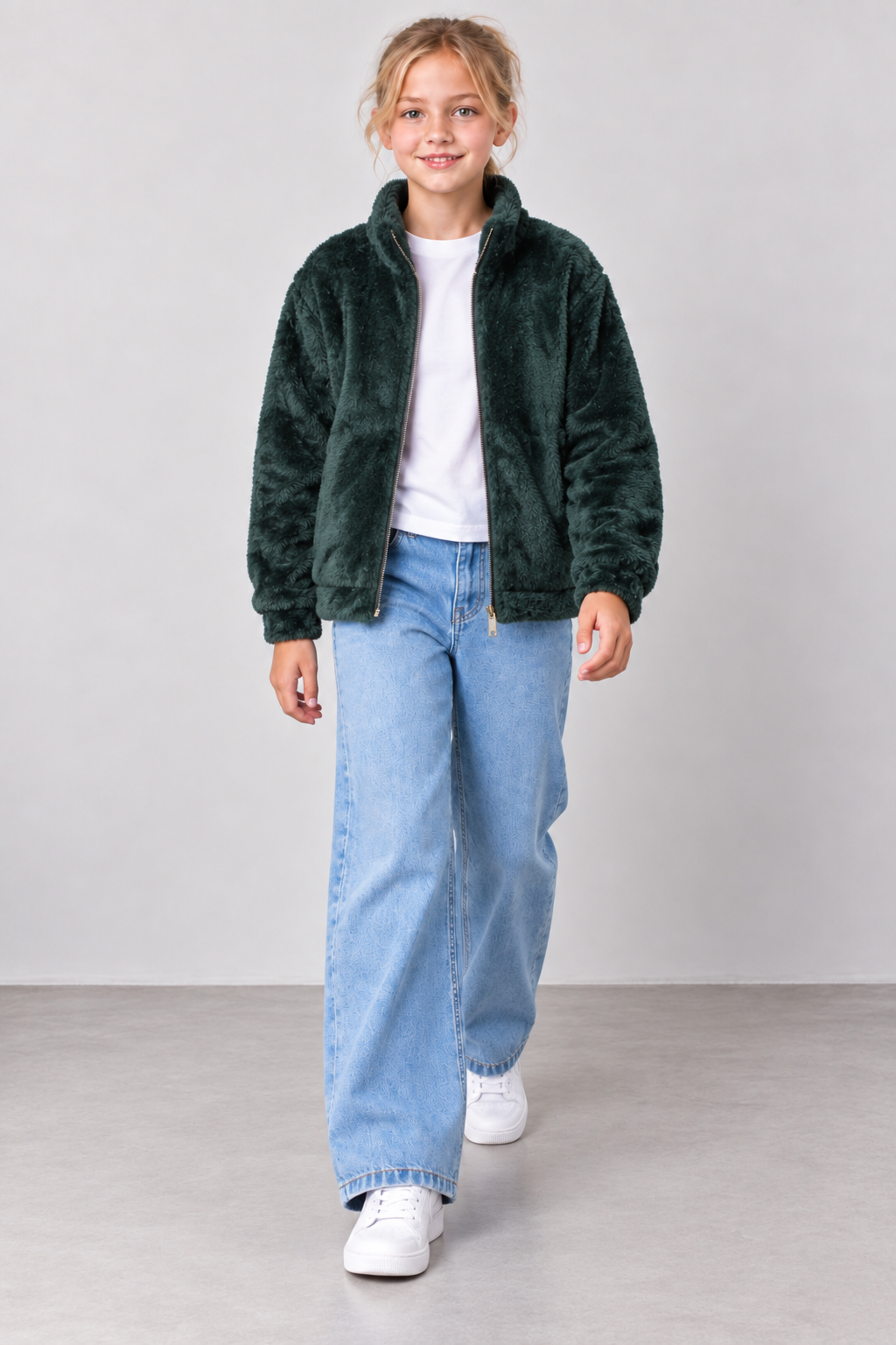 Junior Girls Hunter Green Coral Fur Full-Zip Sweatshirt – Regular Fit