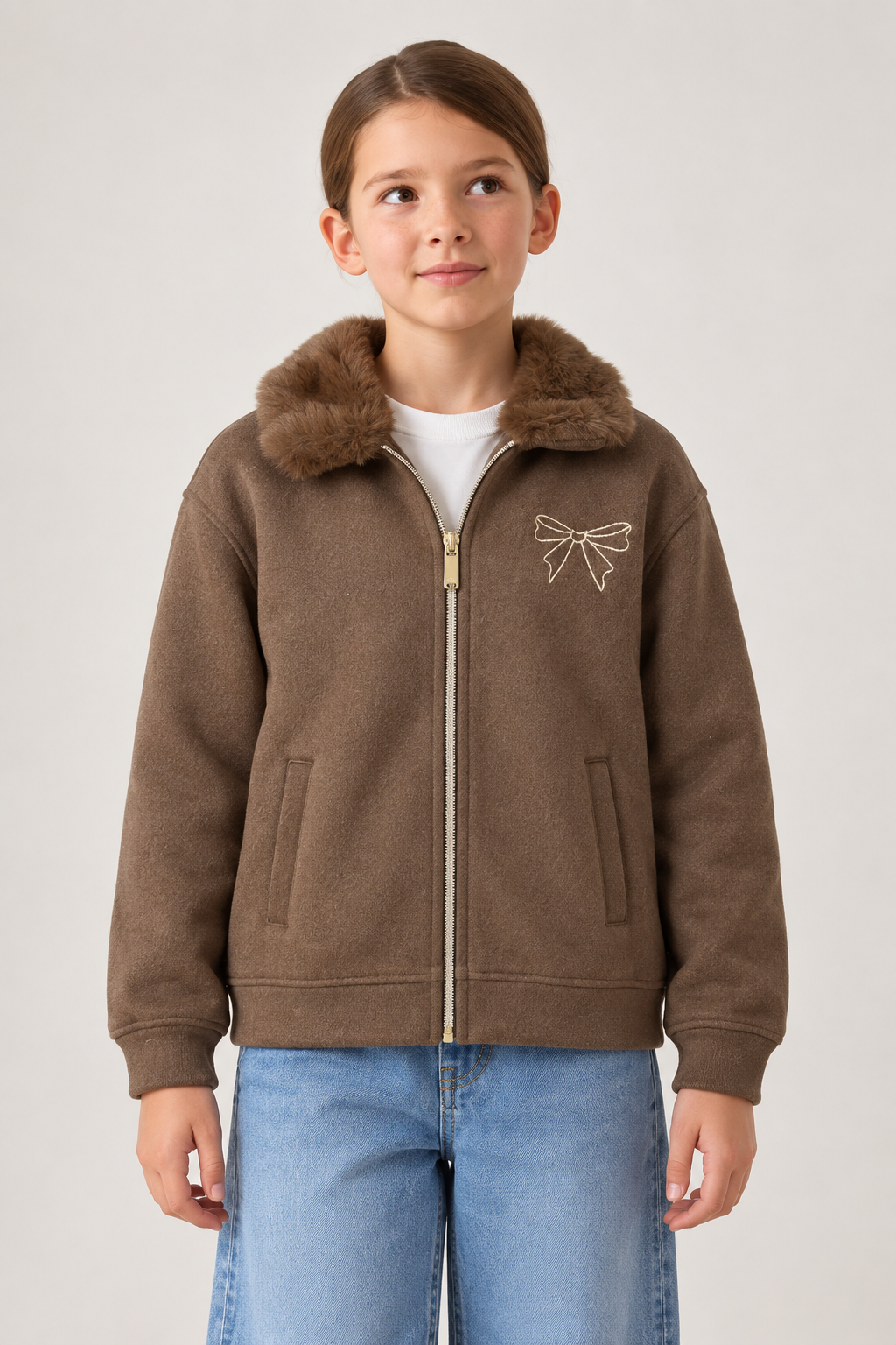 Junior Girls Regular Fit German Velvet Zip-Up Sweatshirt – Brown Melange