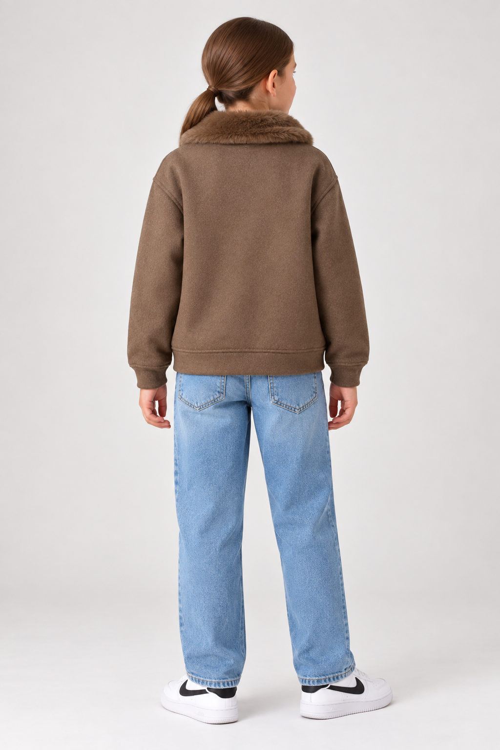 Junior Girls Regular Fit German Velvet Zip-Up Sweatshirt – Brown Melange