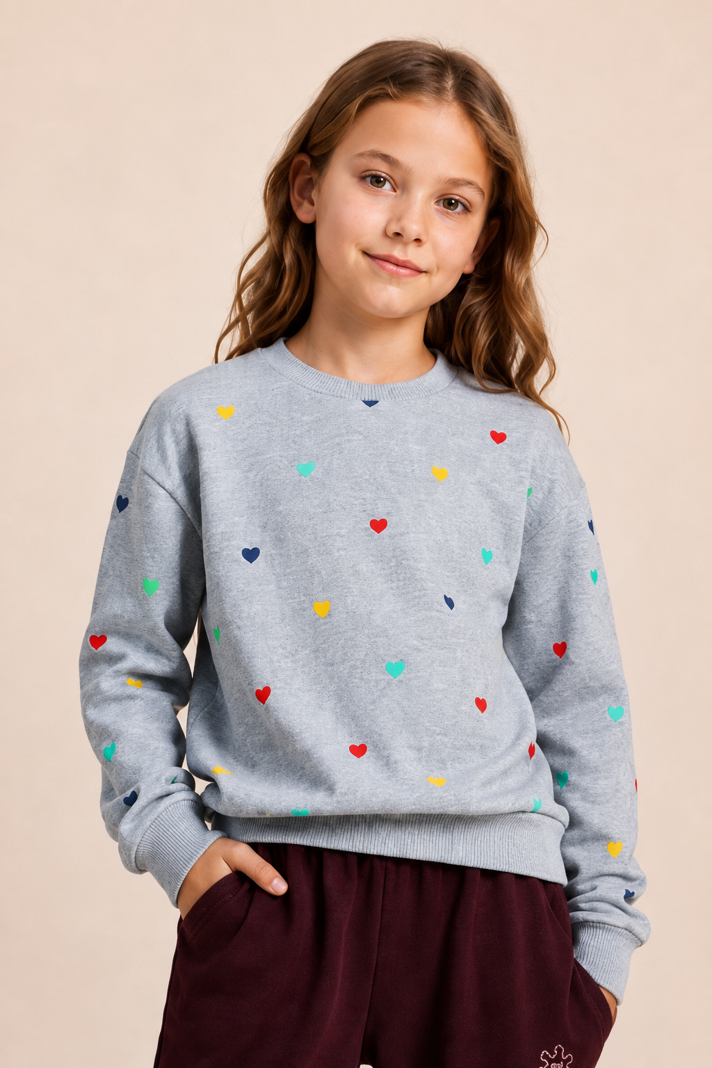 Junior Girls Grey Melange Cotton Fleece Sweatshirt – Multicolour Heart Print Regular Fit
