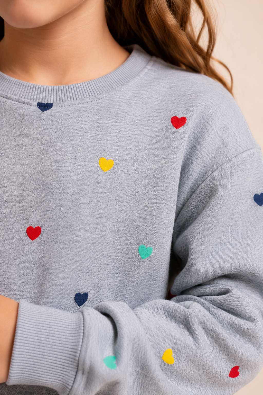 Junior Girls Grey Melange Cotton Fleece Sweatshirt – Multicolour Heart Print Regular Fit