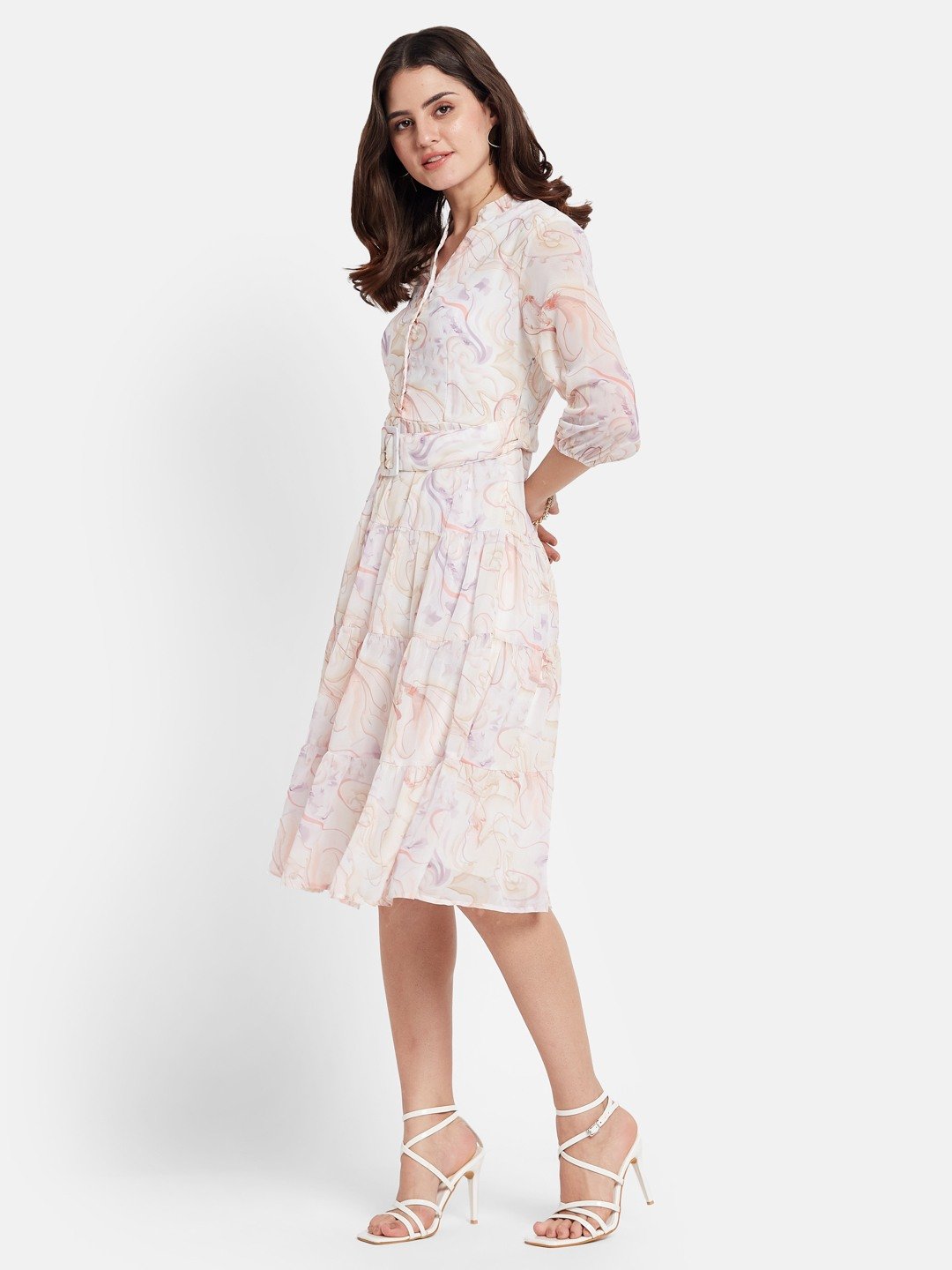 METTLE Printed Mandarin Collar Tiered Fit & Flare Dress