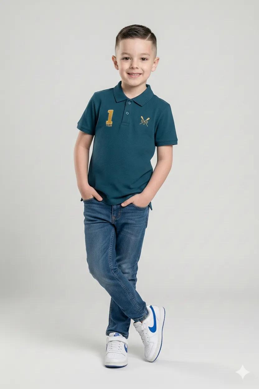 Boys Printed Polo Collar Monochrome T-shirt