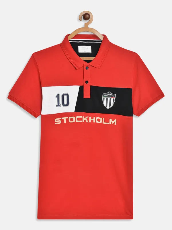 Octave Boys Red Typography Colourblocked Polo Collar Applique T-Shirt
