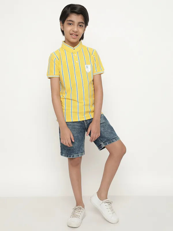 Octave Boys Vertical Striped Mandarin Collarâ Cotton T-Shirt